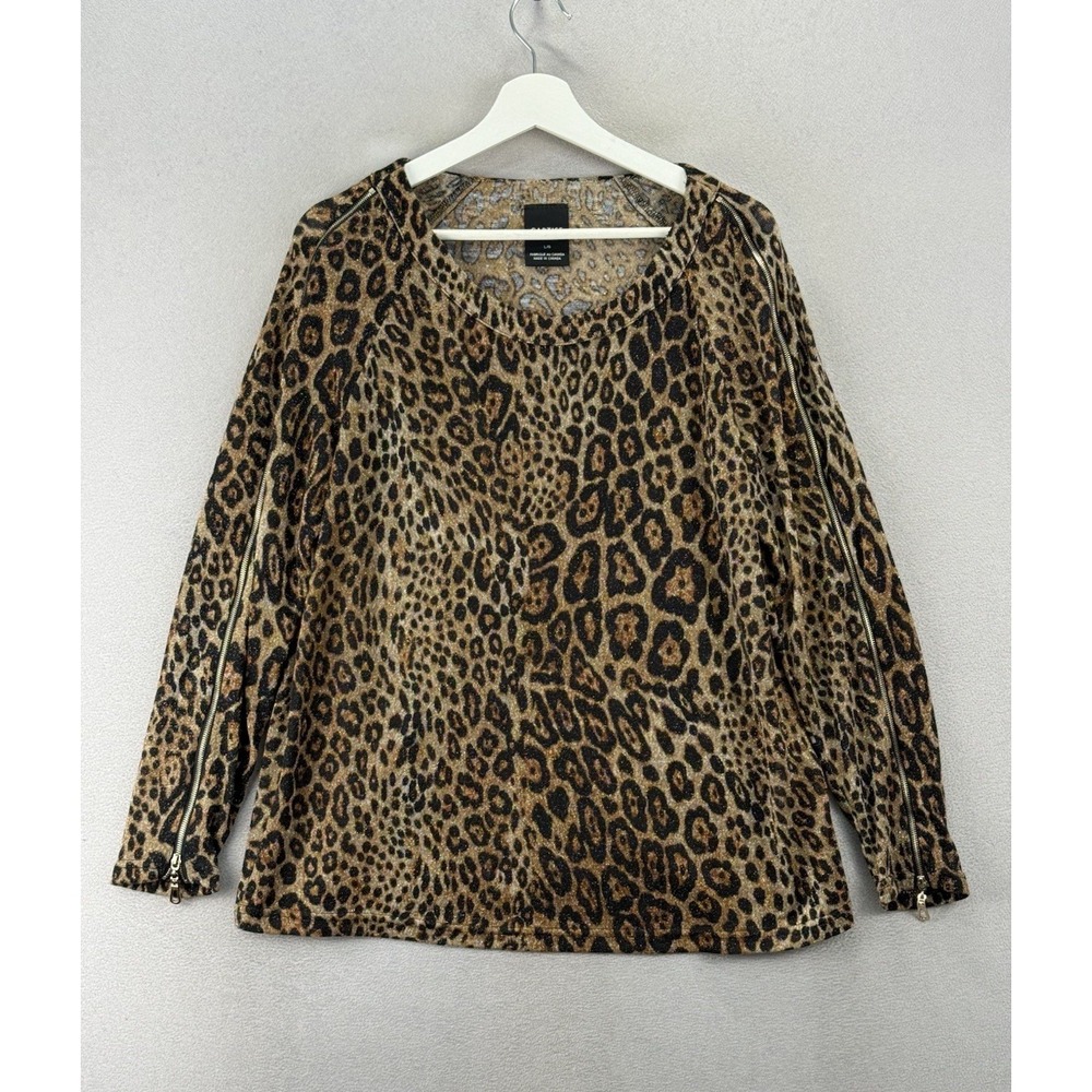 Cartise Leopard Print Sheer Top Zip Sleeve Blouse Women's Sz Large Trendy‎